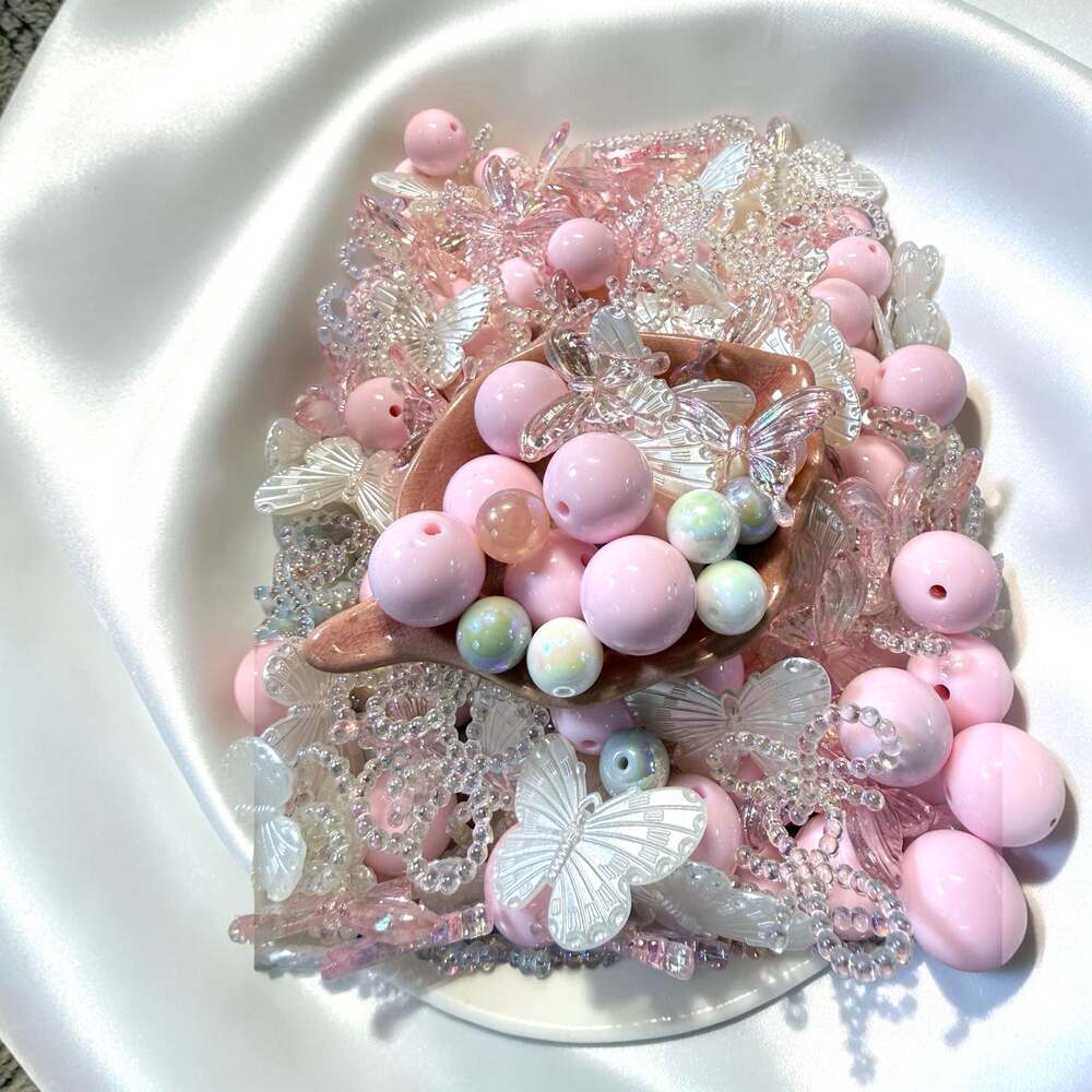 Kawaii Aesthetic Pink Acrylic/Glass Bead Soup Mix with Butterfly Charms-100ml lo